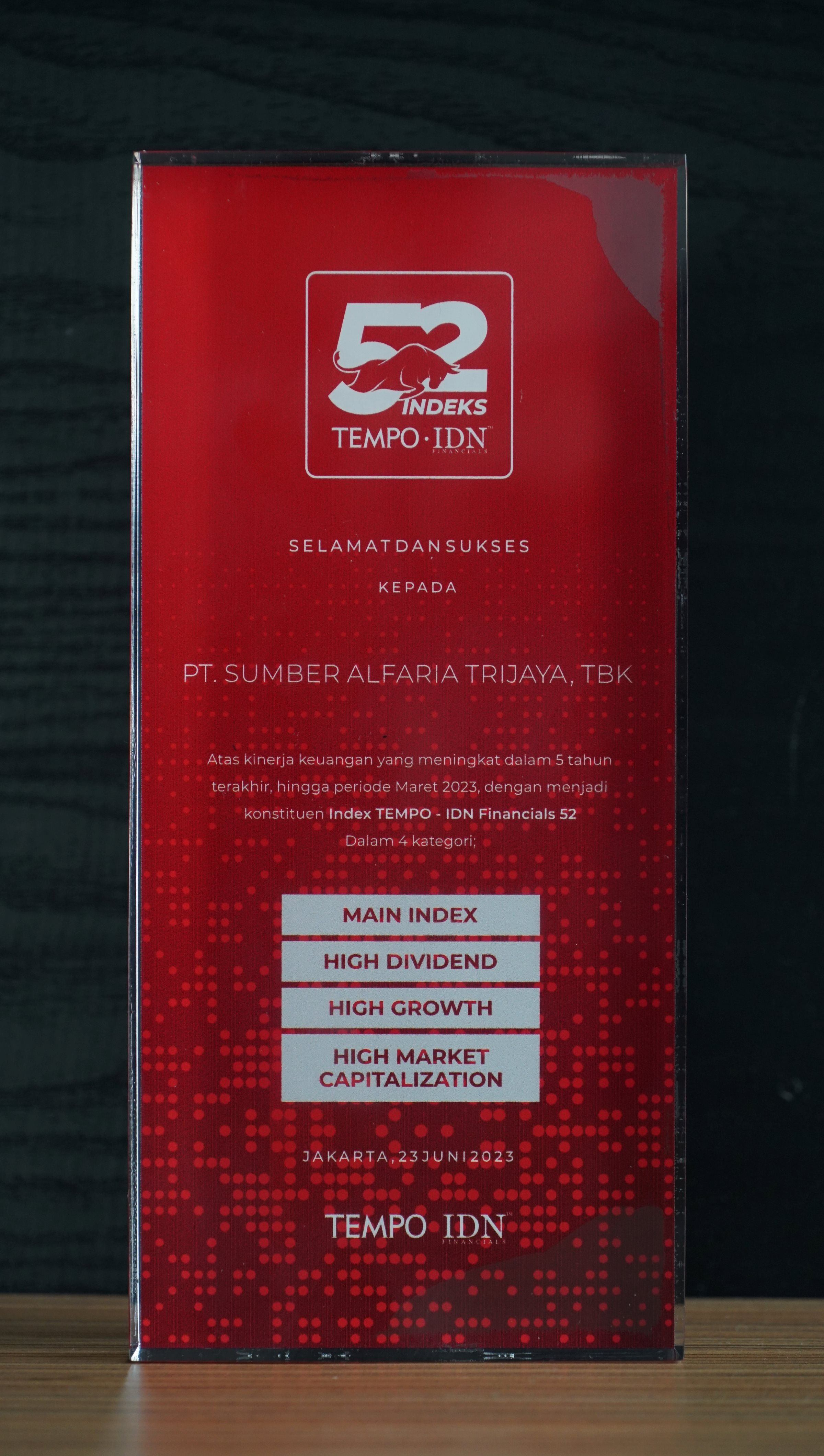 Image reward Diamond Emiten Konstituen Index Tempo-IDN Financials 52 dalam 4 kategori: Main Index, High Dividend, High Growth, High Market Capitalization dari Tempo-IDN Financials 52